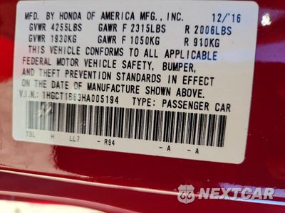 Zdjęcie 12 z 12 samochodu: 2017 HONDA ACCORD EXL VIN:1HGCT1B63HA005194 - miniatura
