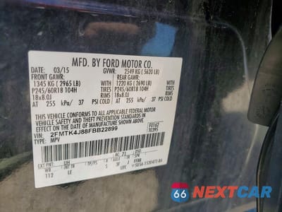 Zdjęcie 14 z 14 samochodu: 2015 FORD EDGE SEL VIN:2FMTK4J88FBB22899 - miniatura
