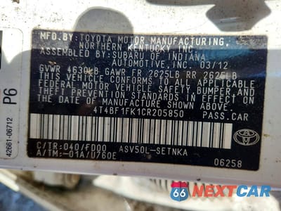 Zdjęcie 12 z 12 samochodu: 2012 TOYOTA CAMRY LE VIN:4T4BF1FK1CR205850 - miniatura