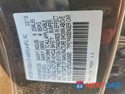 Zdjęcie 12 z 12 samochodu: 2018 HONDA ACCORD EXL VIN:1HGCV2F50JA030920 - miniatura
