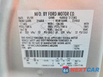Zdjęcie 12 z 12 samochodu: 2009 FORD ESCAPE XLT VIN:1FMCU93G99KC46296 - miniatura