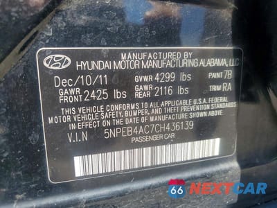 Zdjęcie 12 z 12 samochodu: 2012 HYUNDAI SONATA GLS VIN:5NPEB4AC7CH436139 - miniatura