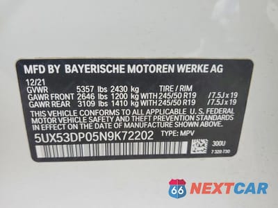 Zdjęcie 13 z 13 samochodu: 2022 BMW X3 XDRIVE30I VIN:5UX53DP05N9K72202 - miniatura