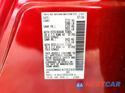 Zdjęcie 13 z 13 samochodu: 2016 NISSAN PATHFINDER SV VIN:5N1AR2MM6GC670269 - miniatura