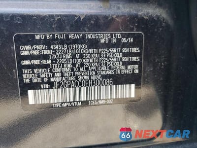Zdjęcie 12 z 12 samochodu: 2014 SUBARU XV CROSSTREK 2.0 PREMIUM VIN:JF2GPACC0EH300086 - miniatura