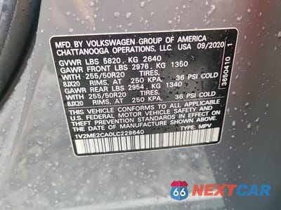 Zdjęcie 12 z 12 samochodu: 2020 VOLKSWAGEN ATLAS CROSS SPORT SEL VIN:1V2ME2CA0LC229640 - miniatura