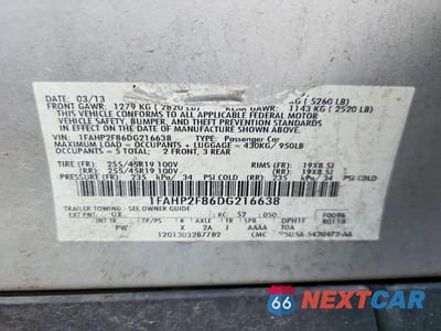 Zdjęcie 12 z 12 samochodu: 2013 FORD TAURUS LIMITED VIN:1FAHP2F86DG216638 - miniatura