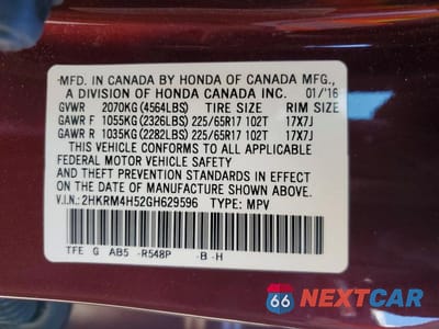 Zdjęcie 13 z 13 samochodu: 2016 HONDA CR-V EX VIN:2HKRM4H52GH629596 - miniatura