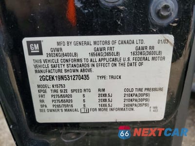 Zdjęcie 12 z 12 samochodu: 2003 CHEVROLET SILVERADO K1500 VIN:2GCEK19N531270435 - miniatura