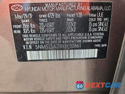 Zdjęcie 13 z 13 samochodu: 2019 HYUNDAI SANTA FE SE VIN:5NMS23AD8KH130861 - miniatura