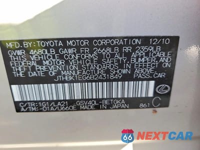Zdjęcie 12 z 12 samochodu: 2011 LEXUS ES 350 VIN:JTHBK1EG6B2431849 - miniatura
