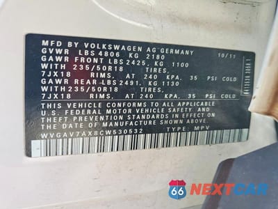 Zdjęcie 13 z 13 samochodu: 2012 VOLKSWAGEN TIGUAN S VIN:WVGAV7AX8CW530532 - miniatura