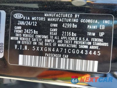 Zdjęcie 12 z 12 samochodu: 2012 KIA OPTIMA EX VIN:5XXGN4A71CG043445 - miniatura