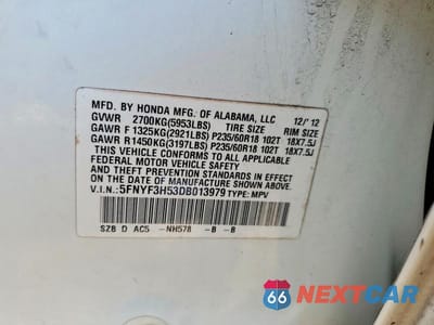 Zdjęcie 12 z 12 samochodu: 2013 HONDA PILOT EXL VIN:5FNYF3H53DB013979 - miniatura