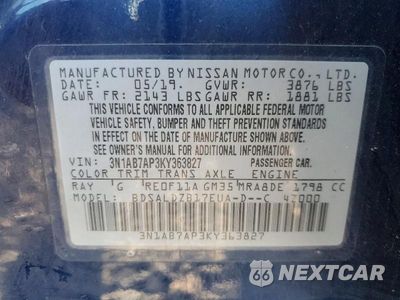 Zdjęcie 13 z 13 samochodu: 2019 NISSAN SENTRA SV VIN:3N1AB7AP3KY363827 - miniatura