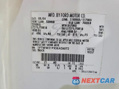 Zdjęcie 12 z 12 samochodu: 2005 FORD F350 SRW SUPER DUTY VIN:1FTWW31PX5EA26072 - miniatura