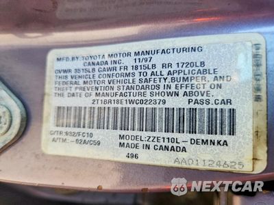 Zdjęcie 12 z 12 samochodu: 1998 TOYOTA COROLLA VE VIN:2T1BR18E1WC022379 - miniatura
