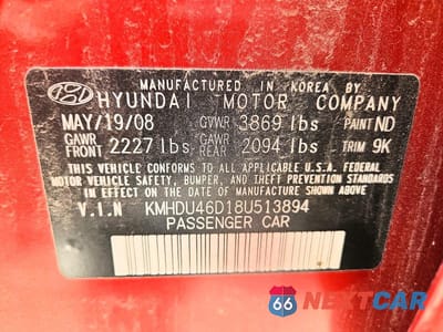 Zdjęcie 12 z 12 samochodu: 2008 HYUNDAI ELANTRA GLS VIN:KMHDU46D18U513894 - miniatura
