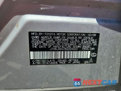 Zdjęcie 12 z 12 samochodu: 2008 LEXUS ES 350 VIN:JTHBJ46G782224222 - miniatura