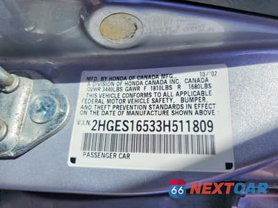 Zdjęcie 12 z 12 samochodu: 2003 HONDA CIVIC LX VIN:2HGES16533H511809 - miniatura