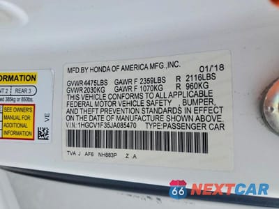 Zdjęcie 12 z 12 samochodu: 2018 HONDA ACCORD SPORT VIN:1HGCV1F35JA085470 - miniatura