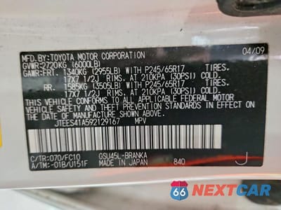 Zdjęcie 13 z 13 samochodu: 2009 TOYOTA HIGHLANDER BASE VIN:JTEES41A592129167 - miniatura
