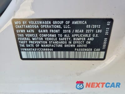 Zdjęcie 12 z 12 samochodu: 2012 VOLKSWAGEN PASSAT S VIN:1VWAH7A31CC066944 - miniatura