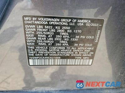 Zdjęcie 13 z 13 samochodu: 2022 VOLKSWAGEN ATLAS SE VIN:1V2WP2CA4NC521006 - miniatura