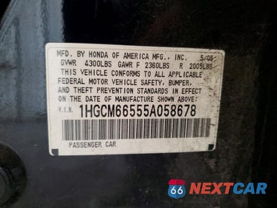 Zdjęcie 12 z 12 samochodu: 2005 HONDA ACCORD EX VIN:1HGCM66555A058678 - miniatura