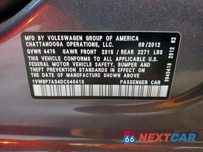 Zdjęcie 13 z 13 samochodu: 2013 VOLKSWAGEN PASSAT SE VIN:1VWBP7A34DC040413 - miniatura