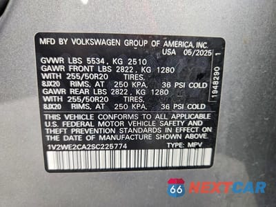 Zdjęcie 12 z 12 samochodu: 2025 VOLKSWAGEN ATLAS CROSS SPORT SE VIN:1V2WE2CA2SC225774 - miniatura