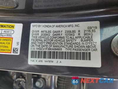 Zdjęcie 12 z 12 samochodu: 2019 HONDA ACCORD SPORT VIN:1HGCV1F36KA064905 - miniatura