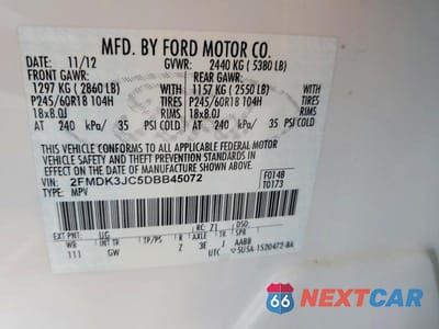 Zdjęcie 12 z 12 samochodu: 2013 FORD EDGE SEL VIN:2FMDK3JC5DBB45072 - miniatura