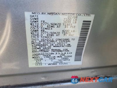 Zdjęcie 12 z 12 samochodu: 2008 NISSAN TITAN XE FFV VIN:1N6BA07D28N355410 - miniatura