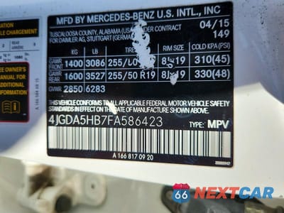 Zdjęcie 13 z 13 samochodu: 2015 MERCEDES-BENZ ML 350 4MATIC VIN:4JGDA5HB7FA586423 - miniatura