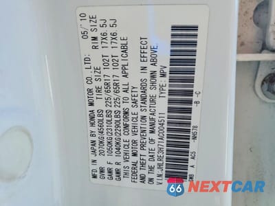 Zdjęcie 13 z 13 samochodu: 2010 HONDA CR-V EXL VIN:JHLRE3H71AC004511 - miniatura