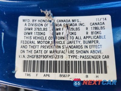 Zdjęcie 12 z 12 samochodu: 2015 HONDA CIVIC EXL VIN:2HGFB2F90FH512319 - miniatura
