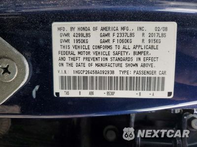 Zdjęcie 12 z 12 samochodu: 2008 HONDA ACCORD LXP VIN:1HGCP26458A092938 - miniatura