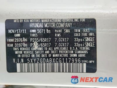 Zdjęcie 13 z 13 samochodu: 2012 HYUNDAI SANTA FE GLS VIN:5XYZGDABXCG117996 - miniatura