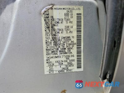 Zdjęcie 13 z 13 samochodu: 2005 NISSAN PATHFINDER XE VIN:5N1AR18W95C750636 - miniatura
