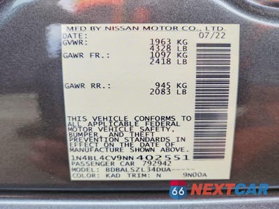 Zdjęcie 12 z 12 samochodu: 2022 NISSAN ALTIMA SR VIN:1N4BL4CV9NN402551 - miniatura