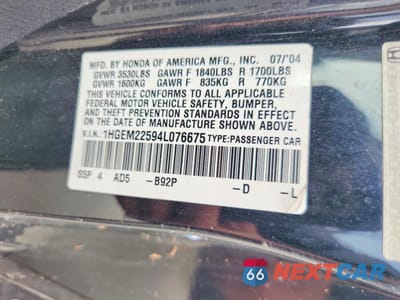 Zdjęcie 12 z 12 samochodu: 2004 HONDA CIVIC LX VIN:1HGEM22594L076675 - miniatura
