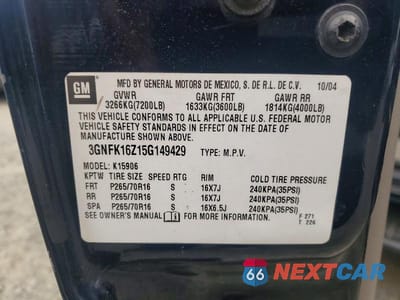 Zdjęcie 13 z 13 samochodu: 2005 CHEVROLET SUBURBAN K1500 VIN:3GNFK16Z15G149429 - miniatura