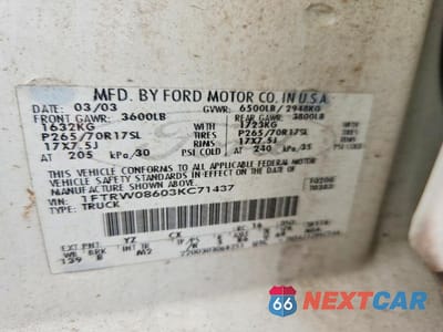 Zdjęcie 12 z 12 samochodu: 2003 FORD F150 SUPERCREW VIN:1FTRW08603KC71437 - miniatura