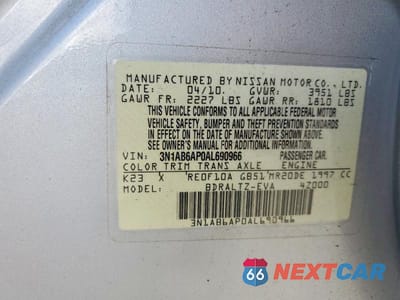 Zdjęcie 13 z 13 samochodu: 2010 NISSAN SENTRA 2.0 VIN:3N1AB6AP0AL690966 - miniatura