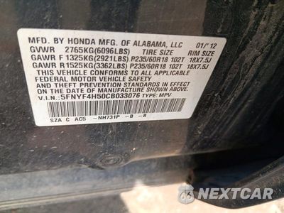 Zdjęcie 12 z 12 samochodu: 2012 HONDA PILOT EXL VIN:5FNYF4H50CB033076 - miniatura