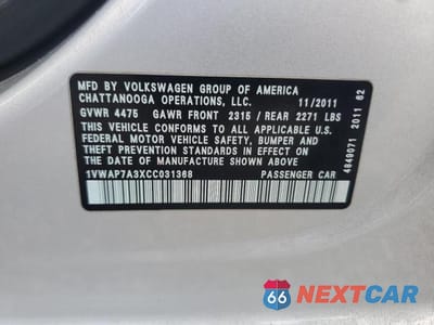 Zdjęcie 12 z 12 samochodu: 2012 VOLKSWAGEN PASSAT S VIN:1VWAP7A3XCC031368 - miniatura