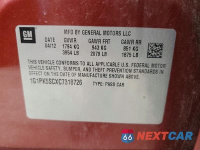 Zdjęcie 12 z 12 samochodu: 2012 CHEVROLET CRUZE ECO VIN:1G1PK5SCXC7318726 - miniatura