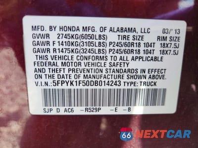 Zdjęcie 12 z 12 samochodu: 2013 HONDA RIDGELINE RTL VIN:5FPYK1F50DB014243 - miniatura