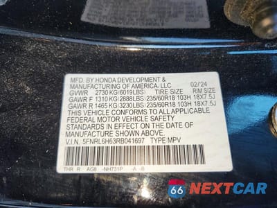 Zdjęcie 13 z 13 samochodu: 2024 HONDA ODYSSEY EXL VIN:5FNRL6H63RB041697 - miniatura